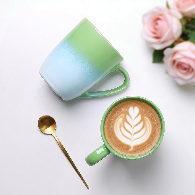 MONITO 14 OZ Coffee Mugs Set of 4, Large Ceramic Blue Coffee Mugs Set with handle for Tea/Latte/Milk/Cocoa, Funny Tea Cups for Office and Home, Engagement Gifts. (White-green)