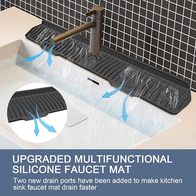 Faucet Guard - 90 Foldable Draining Mat for Kitchen & Bathroom Sink with 2 Drain Ports (Black, 29.9"*5.9")