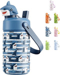 POWCAN 12 oz Insulated Water Bottle for School: 2-in-1 Straw Spout Lid with Soft Animal Head, Leakproof, BPA-Free, Keep Cold 24H, Easy Carry, Stainless Steel Cup for Kids, Boys, Girls (Baby Shark)