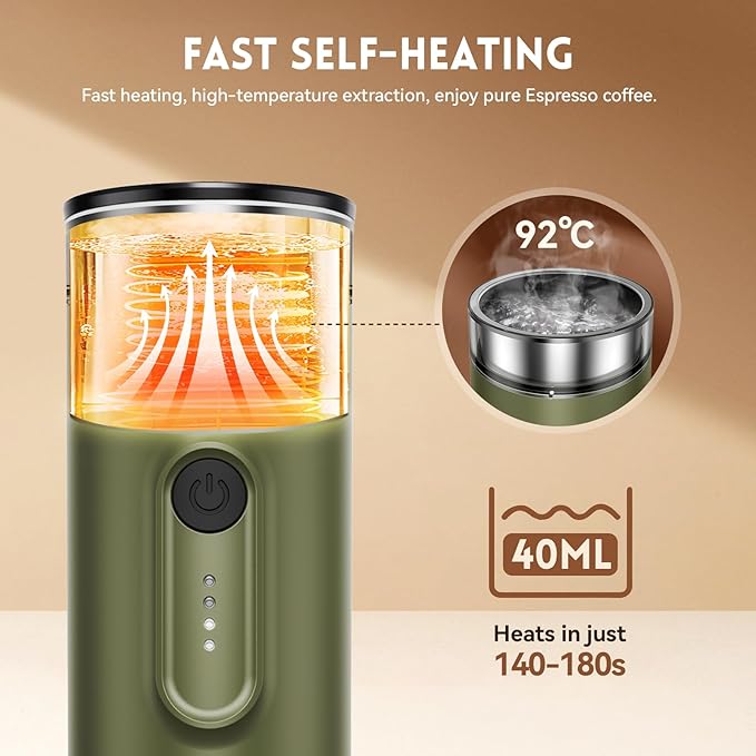 Portable Electric Espresso Machine, Self-Heating Travel Coffee Maker with 7800mAh Battery, USB-C Rechargeable, Compatible with Ground Coffee & Capsules, Maker for Camping, Office, Car