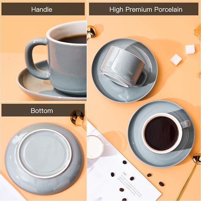8oz Cappuccino Cups Set of 4, Tea Cups with Saucers and Spoons, Gray Ceramic Tea Cups Set Coffee Mugs for Tea Cappuccino Espresso Latte Mocha Au Lait Macchiato Cafe