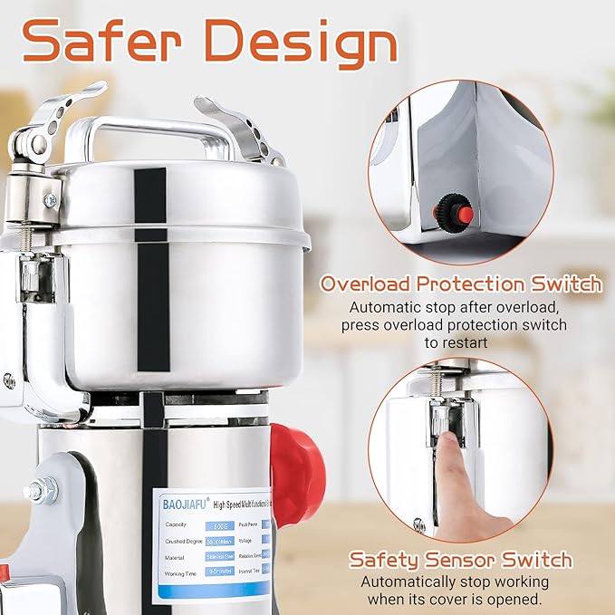 Electric Grain Mill Grinder 800g High-speed Grain Spice Herb 1800W Dry Grinding Machine 304 Stainless Steel Superfine powder High-speed Grain Mill 36000r/min for Kitchen Home and Commercial