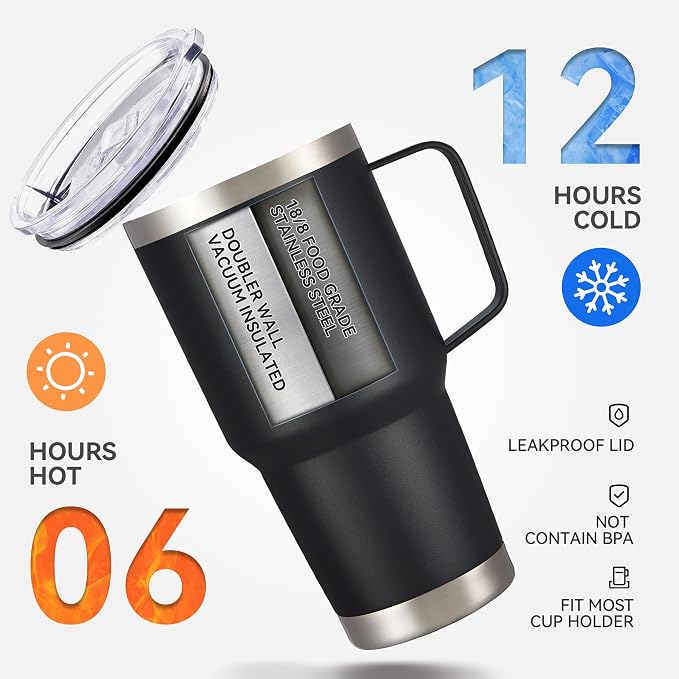 30 oz Tumbler with Handle and Lid, Stainless Steel Tumblers Bulk Double Wall Vacuum Insulated Travel Mug Leak Proof Cup Keep Drinks Cold and Hot Black, 8 Pack