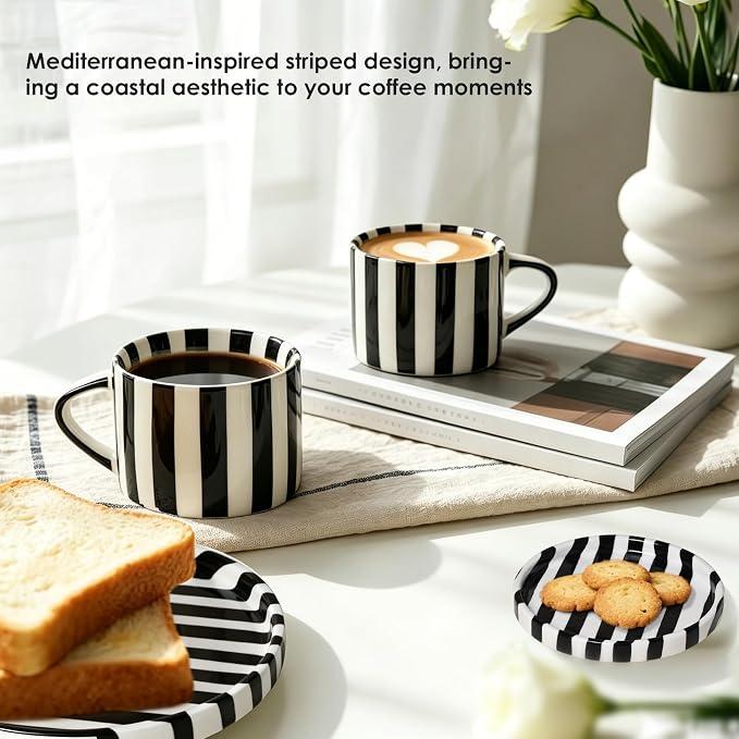 Ceramic Coffee Mug Set with Plates, 3-Piece Black Striped Mug Coffee Mug Ceramic Tea Cups and Saucers & Dessert Plate, Unique Coffee Mugs, M/W, D/W & Fridge Safe, Gift for Women, Coffee Lover Gifts