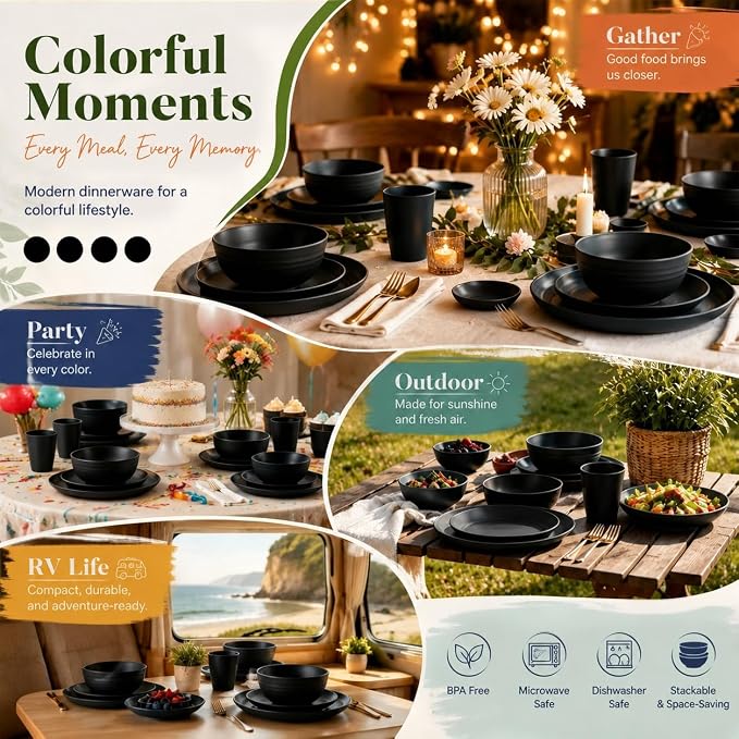 Wrova Wheat Straw Dinnerware Sets 40-Piece- Kitchen Plates and Bowls Sets for 8- Unbreakable Dishes Set Microwave Safe- Deep Dinner Plates/Cereal Bowls/Sauce Dishes/Drink Cups for RV,Apartment- Black