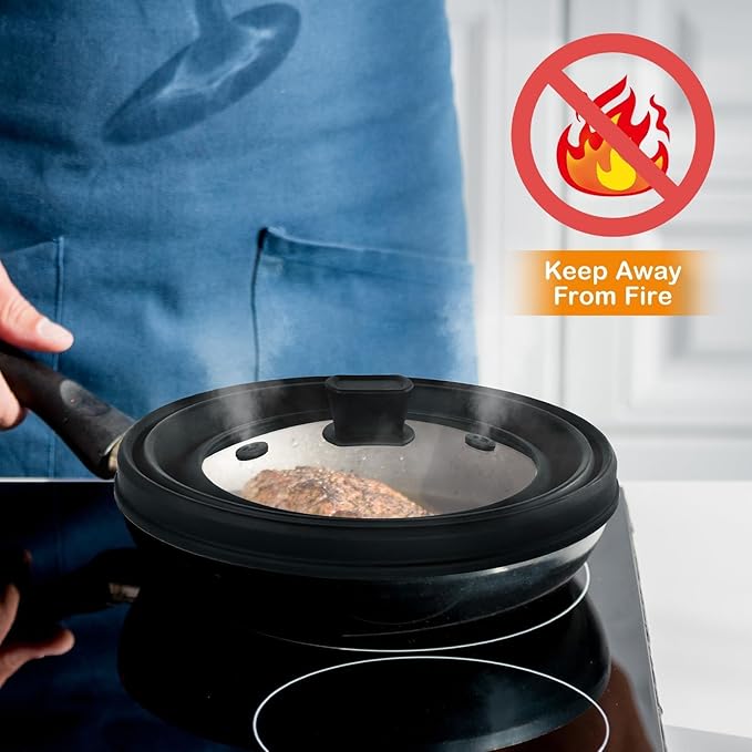 Lzerking Microwave Splatter Cover & Silicone Mat, 10.8 inch Glass Splatter Guard Lid with Collapsible Silicone for Food, Fits 6-10 inch Pot Plate Bowl, Heat Resistant, Dishwasher Safe, Kitchen, Black