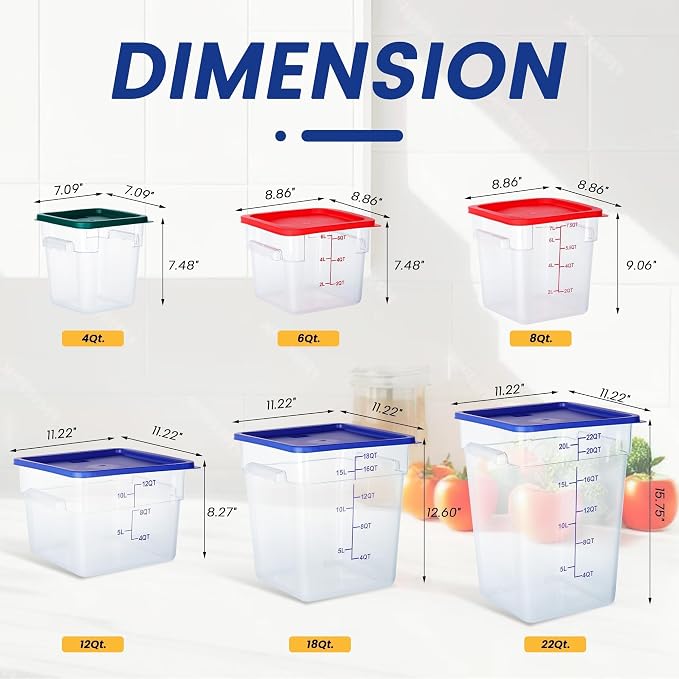 4 Pack 12 Qt Square Polycarbonate Food Storage Containers with Lids | Clear BPA-free PC with lids, side handles, measurement scale and stackable design; for food prep, storage and freezer use.