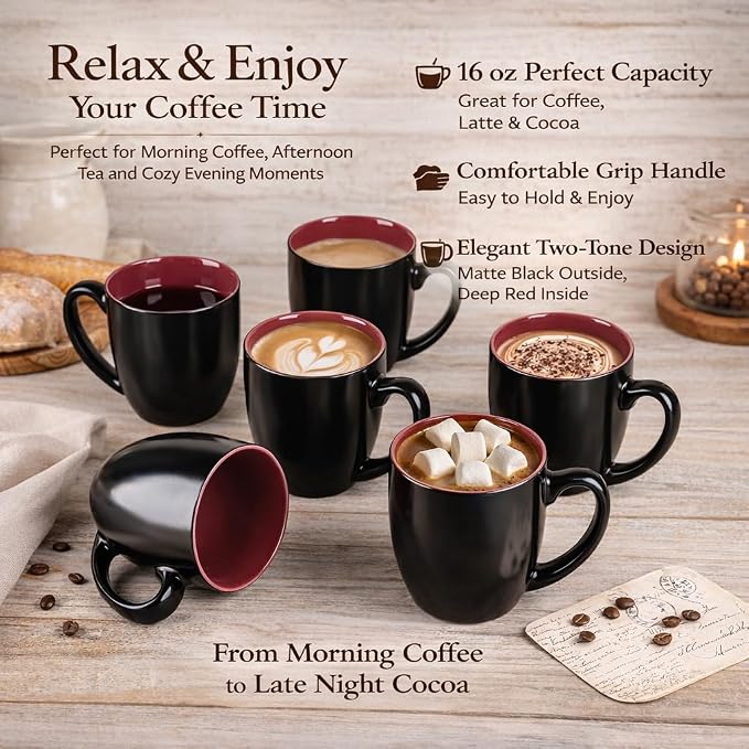 GBhome 16oz Coffee Mugs Set of 6, Large Ceramic Coffee Mugs for Man, Woman, Dad, Mom, Modern Coffee Mugs Set with handle for Tea/Latte/Cappuccino/Milk/Cocoa. Dishwasher&Microwave Safe,Red