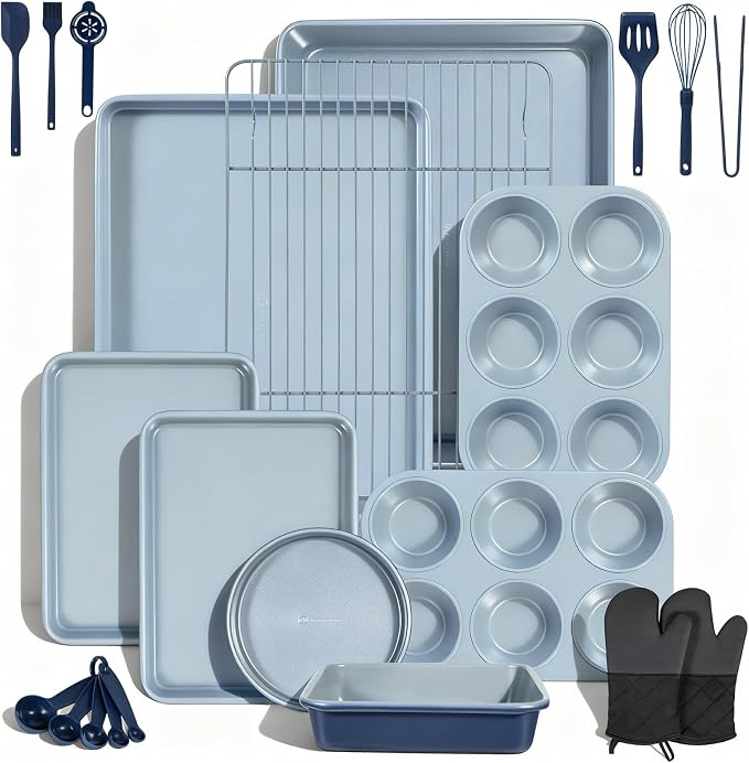 Ammeloo 21pcs Ceramic Pots and Pans Set Non Stick with Detachable Handles and Egg Frying Pan & 22-Piece Baking Pans Set Stackable Bakeware
