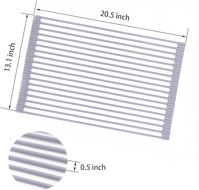 Bigdata&BetterLife Roll Up Dish Drying Rack Simple Large Space Saving Dish Drying Mat with Rack for Kitchen Foldable Silicone Coated Stainless Steel Heavy Duty Dry Rack (Gray, 20.5" x 13.1")