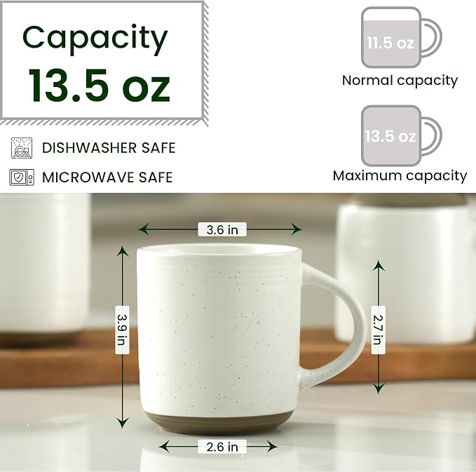 Bacimi® - Coffee Mugs Set of 4 - Stoneware Mugs 13.5oz - Ceramic Coffee Cups with Handle - Large Coffee Mug for Cappuccino, Latte & Hot Beverages - Eggshell White