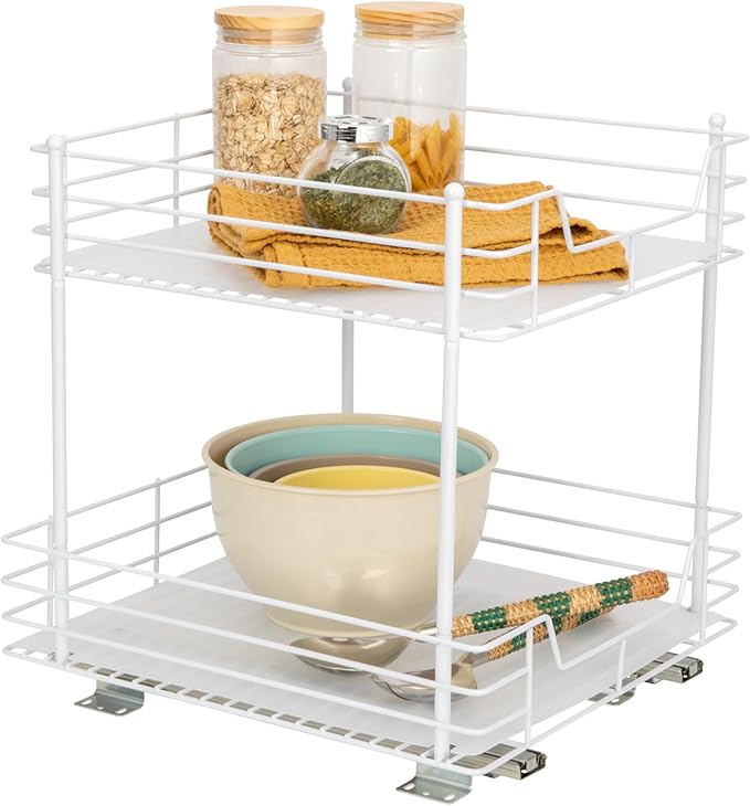 Household Essentials 2-Tier Sliding Pantry Organizer, 16.73" H x 15.35" W x 16.14" D, Strong Powder-Coated Steel Frame, Durable and Versatile, Easy Installation, Mounting Hardware Included, White