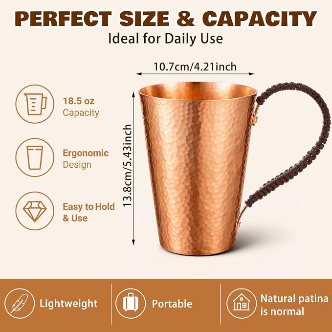 Willinglong 2 Pcs 100% Pure Copper Cup Tumblers 18.5 oz with Handle Handcrafted Hammered Copper Cups, Ayurvedic Health Benefits Drinking Vessel for Family Health Water, Cocktails, Iced Tea Glasses