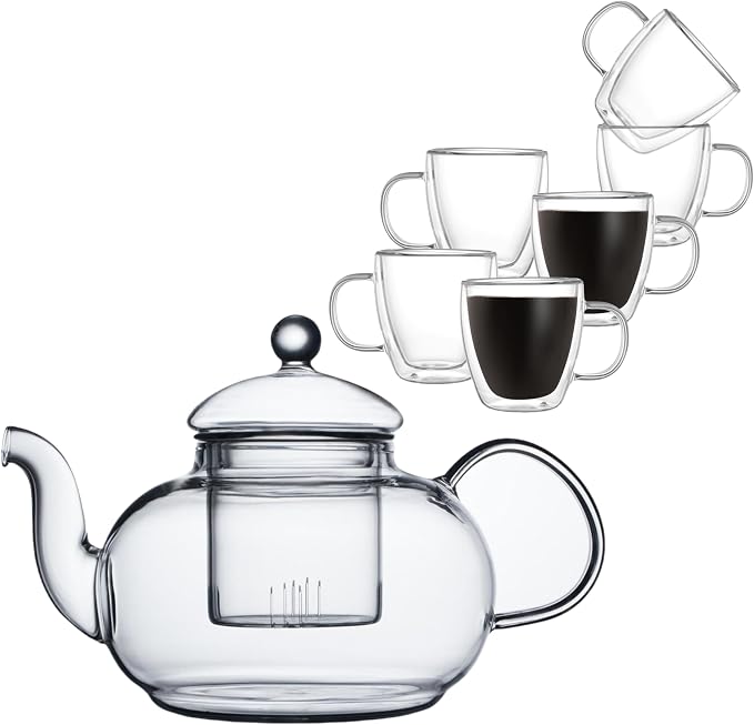 CNGLASS 5.4oz (6-pack) Double Wall Glass Mugs 33.8oz Glass Teapot Stovetop Safe