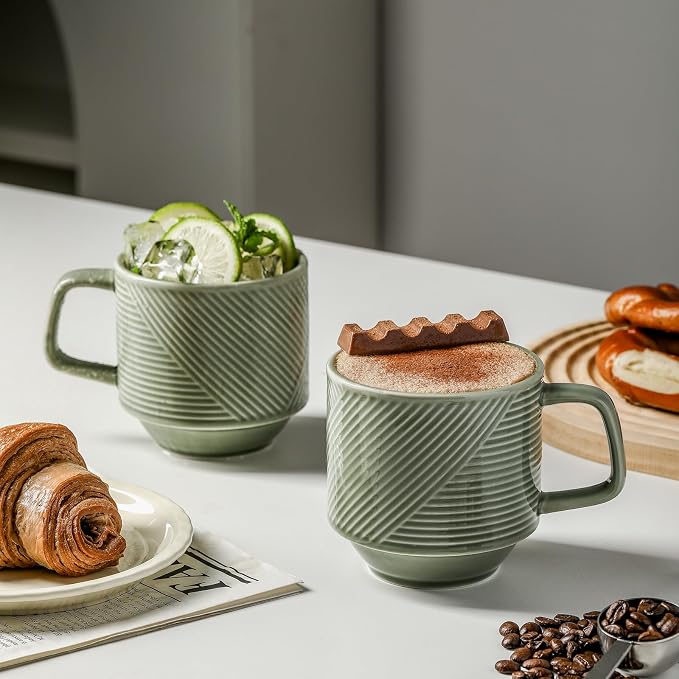 Stackable Coffee Mugs with Rack: 13 oz Stacking Ceramic Cups with Stand - Porcelain Stacked Tea Mug Set of 4 (Pea Green)