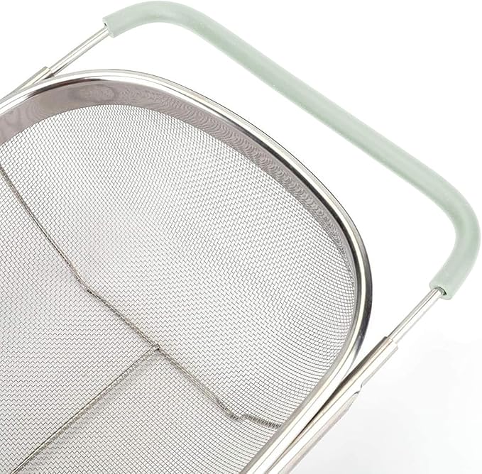 AJIODA Over The Sink Colander, 6 Quarts Stainless Steel Oval Colander with Expandable Rubber Grip Handle, Fine Mesh Strainer Baskets Kitchen Colanders for Strain, Drain, Rinse Vegetables, Mint Green