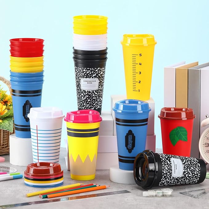 Skylety 36 Pcs Back to School Teachers Gifts Teacher Appreciation Gifts Teacher Deals Bulk Reusable Plastic Coffee Cup with Lid for First Day of School Party Decorations (Elegant)