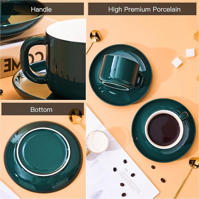 8oz Cappuccino Cups Set of 4, Tea Cups with Saucers and Spoons, Green Ceramic Tea Cups Set Coffee Mugs for Tea Cappuccino Espresso Latte Mocha Au Lait Macchiato Cafe