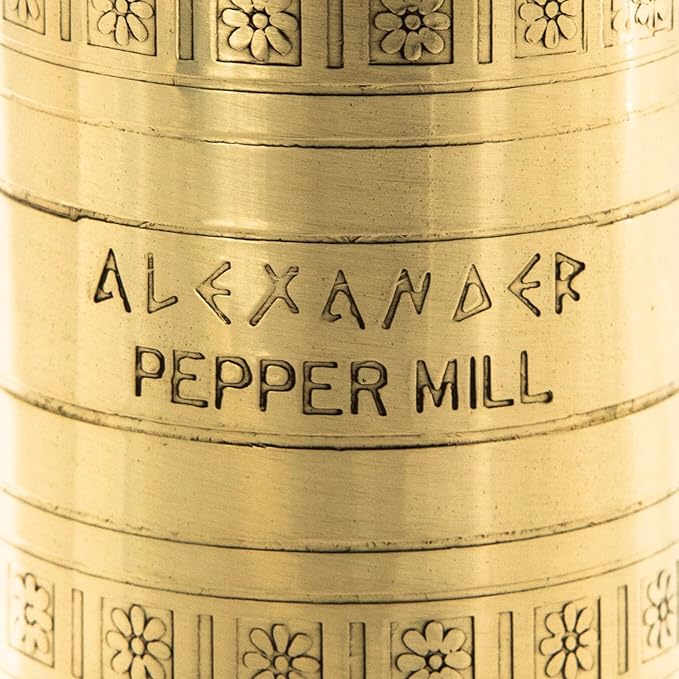 Alexander Home The Original Greek Pepper Mill 10 Inch Tall | European Pepper Mill Grinder with Crank Handle | Manual Pepper Grinder | Peppercorns Refillable - Brass