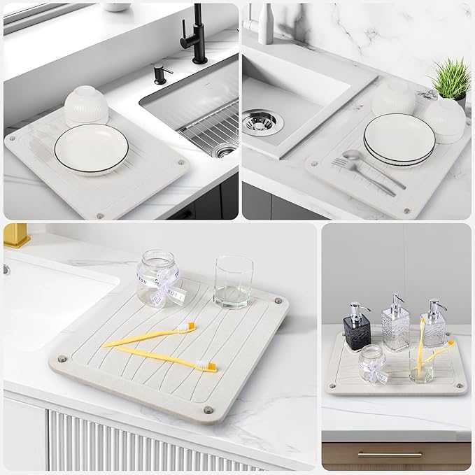 Stone Dish Drying Mats for Kitchen Counter 15.7"x 11.8" Quick Dry Stone Drying Mat Super Absorbent Diatomaceous Earth Drying Mat with 4 Non-Slip Stainless Steel Feet for Dishes&Cups Grayish White
