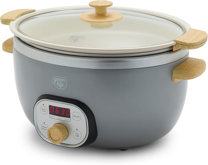 GreenLife 6QT Slow Cooker, Non-Toxic PFAS-Free Ceramic Nonstick Removable Interior Bowl, Programmable, Family Friendly, Keep Warm, Stovetop & Oven Safe, Dishwasher Safe Crock, Timer, Glass Lid, Gray