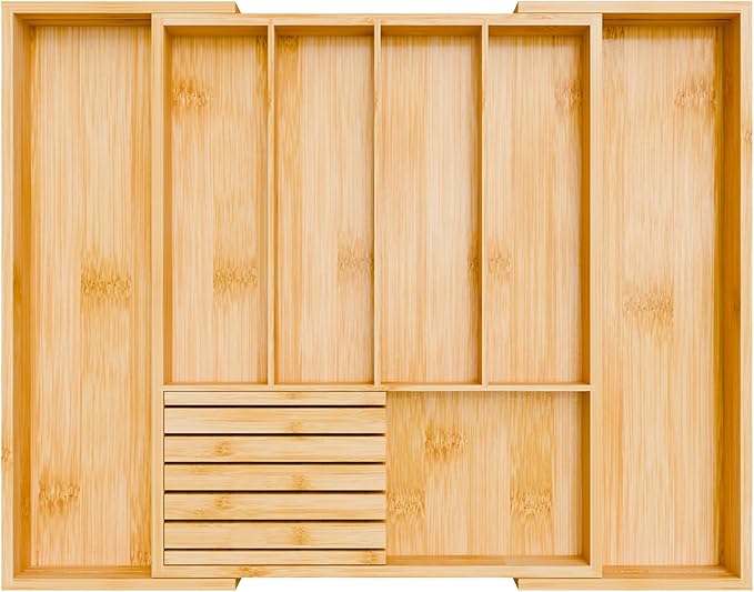 Bamboo Kitchen Silverware Drawer Organizer - Expandable Wood Utensil Holder with Dividers, Luxury Cutlery Storage Tray for Kitchen Utensil and Flatware (5-7 Slots with Removable Knife Block, Natural)