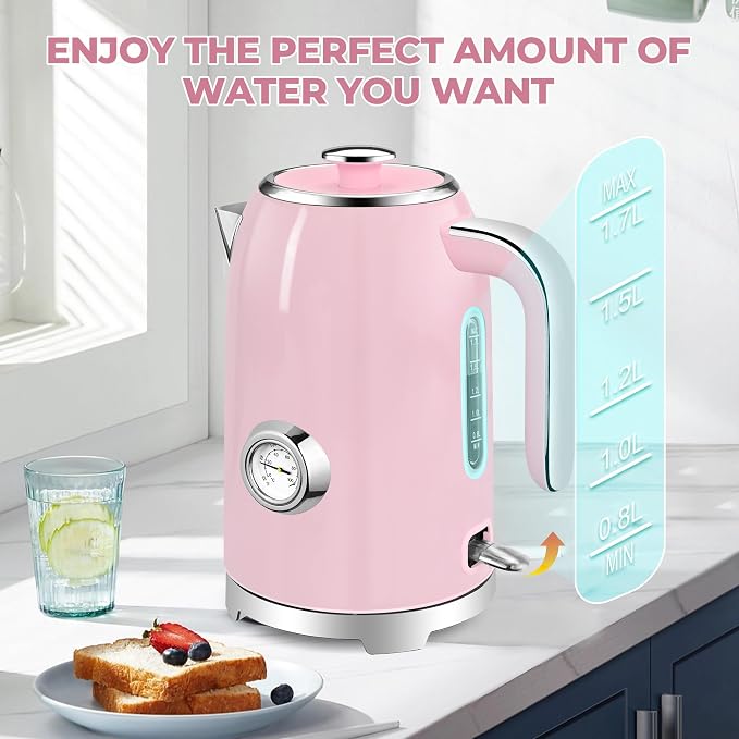 SUSTEAS Electric Kettle - 57oz Hot Tea Water Boiler with Thermometer, 1500W Fast Heating Stainless Steel Pot, Cordless LED Indicator, Auto Shut-Off & Boil Dry Protection, Pink