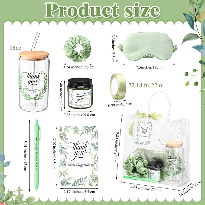 Reallnaive 43 Pcs Baby Shower Prizes for Player Winner Wedding Bridal Shower Favor Gifts Including Glass Cups Aromatherapy Candle Eye Mask Hair Band Greeting Card Pen Ribbon Gift Bag(Sage Style,Green)
