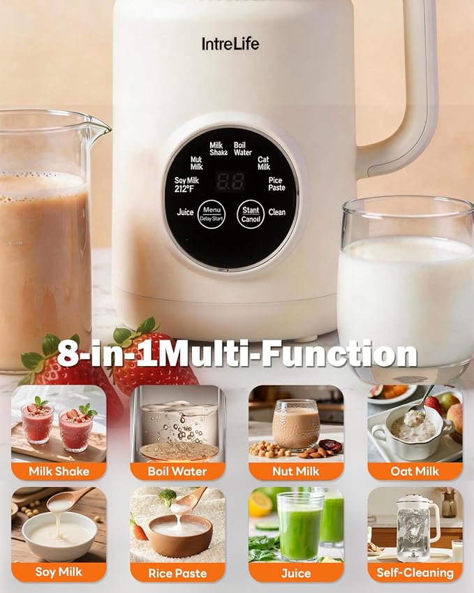 34 oz Nut Milk Maker Machine, 8 in 1 Soy Milk Maker with Nut Milk Bag, Plant Based Milk Maker for Almond, Oat, with Delay Start/Keep Warm/Self Cleaning, Cream
