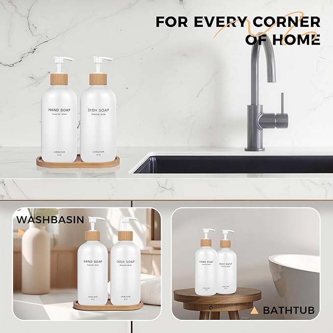 Dish and Hand Soap Dispenser Set with Tray, 16OZ Refillable Glass Bottles and Wood Pump, Double Bottle Countertop Organizer for Kitchen and Bathroom (White)