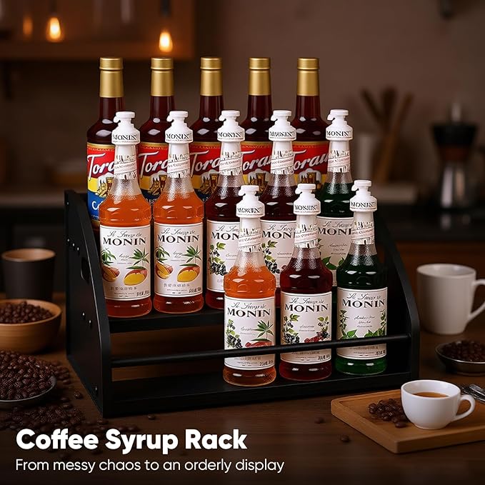 Coffee Syrup Rack- Extra Large for 15 Syrup Bottles Holder- Rustic Countertop Display Shelf for Liquor Bottles, Coffee Bar, Kitchen Cabinet- Pantry Storage for Water Bottles, Spirits & Whiskey