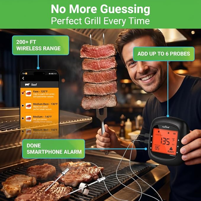 NutriChef Smart Bluetooth BBQ Thermometer with Travel Zip Case, Upgraded Stainless w/ 2 Temperature Probes, LCD Display, Done Alarm Android iPhone, Gas Charcoal BBQ Smoker Temp Monitoring