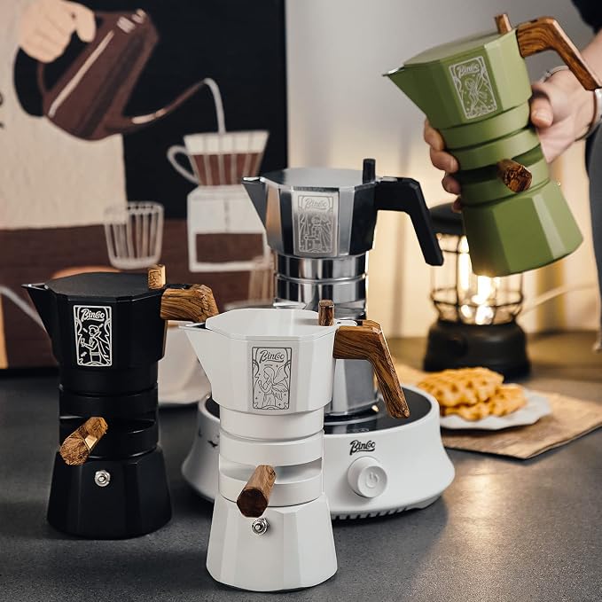 Bincoo 120ML Stovetop Espresso Maker Double Valve Moka Pot with Thermostat Extractor Prevent over-extraction,Italian Espresso Moka Pot with Powder Dispenser and Filter Paper for Home(Green)