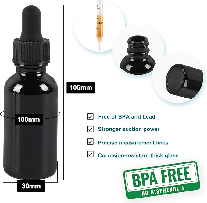NOOEEISS 48 Pack,1oz Glass Dropper Bottle,Blakc Tincture Bottles with Dropper,Pretty Finish for All Kinds of Liquids,Oil Bottles for Hair- Stronger Suction ideal for Leakproof Travel