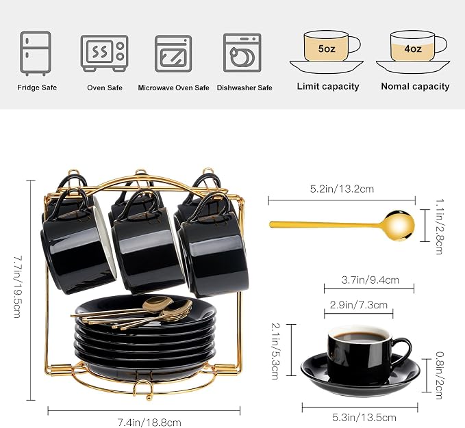 YOLIFE Espresso Cups with Saucers Set and Gold Metal Stand, 4oz Coffee Espresso Cups Set of 6, Ceramic Expresso Shots Cup with Stand & Saucers, Black