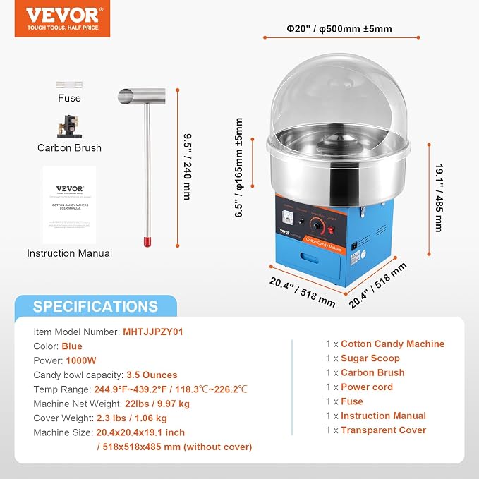 VEVOR Electric Cotton Candy Machine with Cover, 1000W Commercial Floss Maker w/Stainless Steel Bowl, Sugar Scoop and Drawer, Perfect for Home, Carnival, Kids Birthday, Family Party, Blue