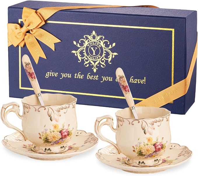 YOLIFE Tea Cups and Saucers Set of 2, Vintage Porcelain Tea Cups Set Floral with Gold Leaves Trim Design - 8 oz (Flowering Shrubs with Gift Box(no stand))
