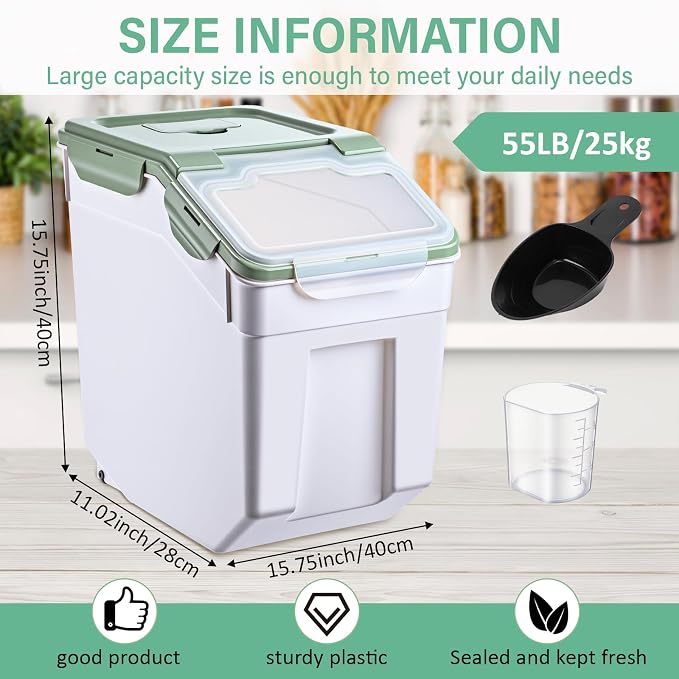Sunnyray 2 Pcs 55 lbs Grain Rice Storage Container Flour Bin with Wheels Cup Leak Proof Pet Food Storage Boxes Seal Locking Lid Plastic Rice Containers Set for Cereal Flour Cat Dog Food (Green)