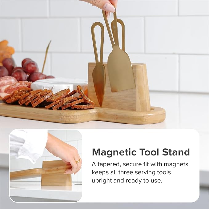 Premium Charcuterie Board Set – Kitchen Edge Long Bamboo Cheese Serving Board with Handle & Magnetic Utensil Block, 21in x 7in, Includes 3 Gold Cheese Utensils, Perfect for Entertaining & Gifting