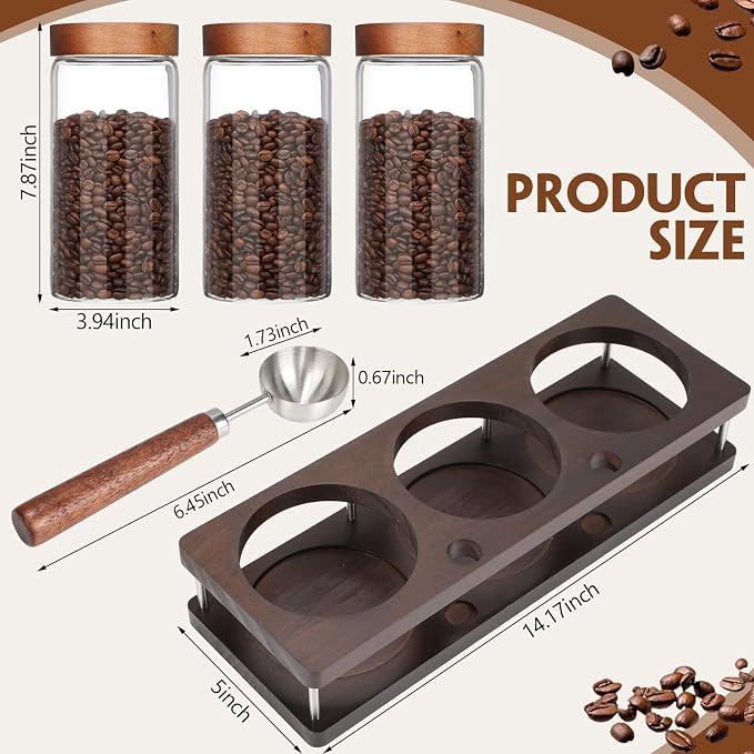 Suclain 3 Pcs 44 oz Glass Coffee Grounds Container with Shelf Glass Coffee Bean Storage Canisters with Airtight Lid and Measuring Spoon Food Storage Jars for Kitchen Sugar (Vintage Style)