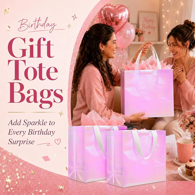 Eccliy Reusable Gift Bags Set Glossy Grocery Gift Tote Bag with Handle for Wedding, Bridal Shower, 4th of July, Summer Event(12 x 11 x 4.7 I Inch,Holographic Pink,60 Pcs)