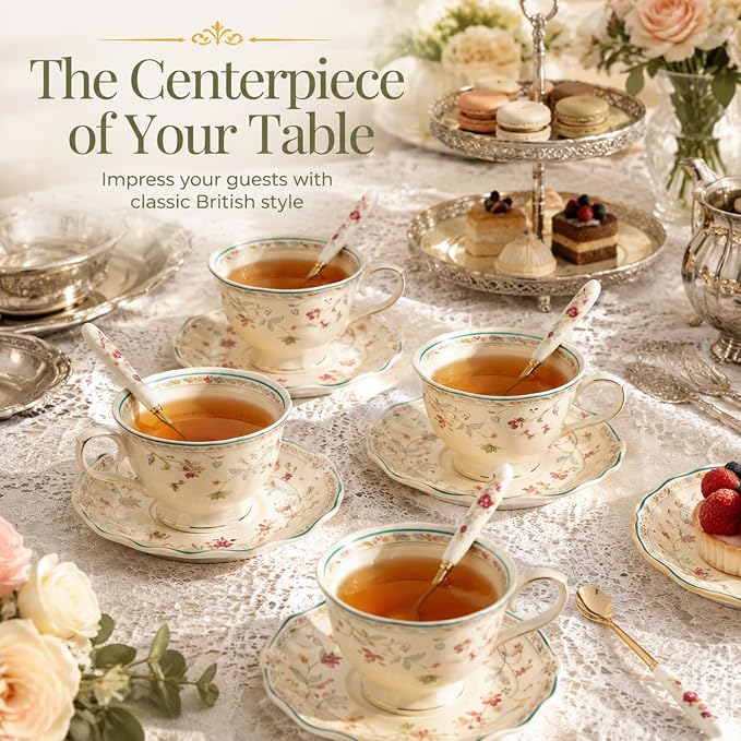 Noviko 6 oz Floral Tea Cups and Saucers Flower Ceramic cup for Women and Tea Parties