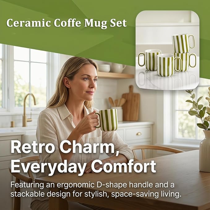 Ceramic Coffee Mugs Set of 4, 15 oz Stoneware Coffee Cups with Handle, Aesthetic Green Stripe Latte Tea Mug for Latte Tea Hot Chocolate, Microwave and Dishwasher Safe (15 oz)