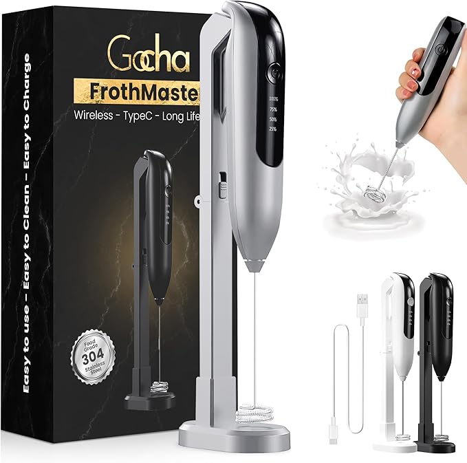 GOCHA | FrothMaster X2 Rechargeable Milk Frother – 2-Speed Handheld Foam Maker for Coffee, Lattes, Matcha – USB-C Charging, Stainless Steel Whisk, Stand Included (Silver)