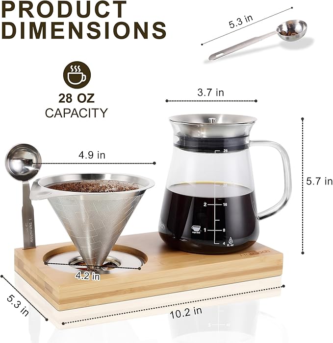 Aquach 28oz Pour Over Coffee Maker Set, Glass Carafe with Reusable Filter | Dishwasher Safe, Sharing Capacity, 304 Stainless Filter, Borosilicate Glass, Plastic Free Brewer