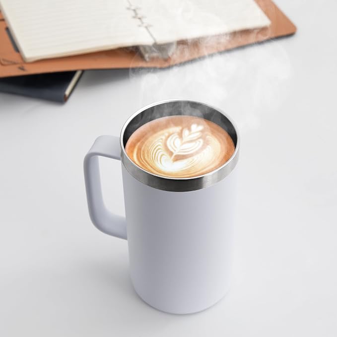 DOMICARE 24oz Mug with Handle and Lid, Stainless Steel Coffee Mug, Travel Mug with Handle, Double Wall Vacuum Coffee Tumbler, Reusable Insulated Cup, White, Pack 4