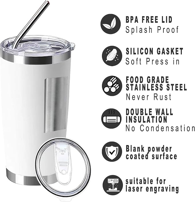 20oz insulted tumblers stainless steel cup Tumbler Bulk with push Lid, and metal straw powder coated coffee cup for cold and hot drinking (12, white)
