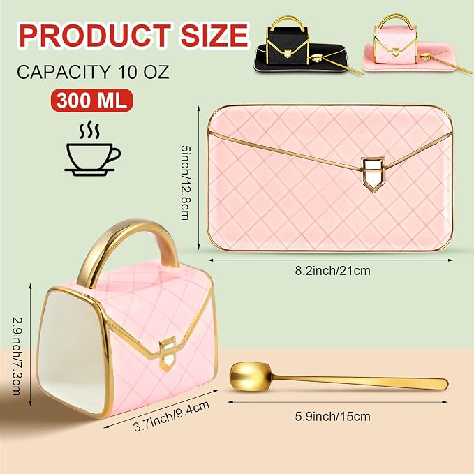 Zubebe 2 Sets Coffee Mug Elegant Handbag Shaped Cup Modern Ceramic Purse Mug with Spoon and Saucer, 10oz Cute Creative Tea Cup for Woman Girls Gift (Pink,Black)