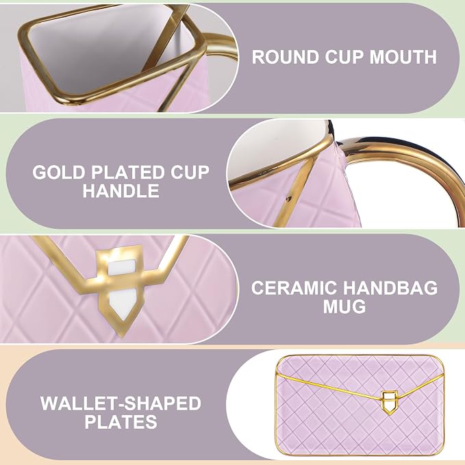 Zubebe 1 Set Coffee Mug Elegant Handbag Shaped Cup Modern Ceramic Purse Mug with Spoon and Saucer, 10oz Cute Creative Tea Cup for Woman Girls Gift (Purple)