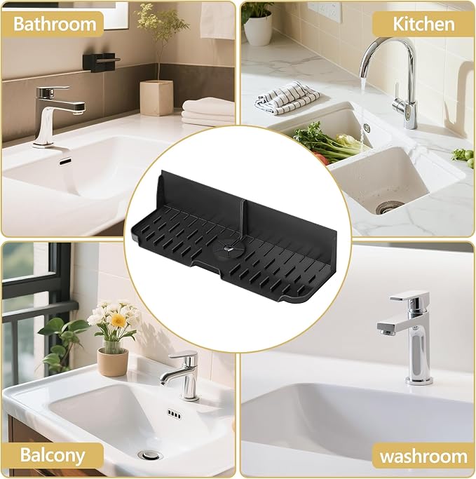 Sink Splash Guard Behind Faucet, Silicone Sink Faucet Drying Mat & Dish Soap Sponge Holder, 17" x 5.5" Silicone Kitchen Sink Auto Drain Organizer (Black)